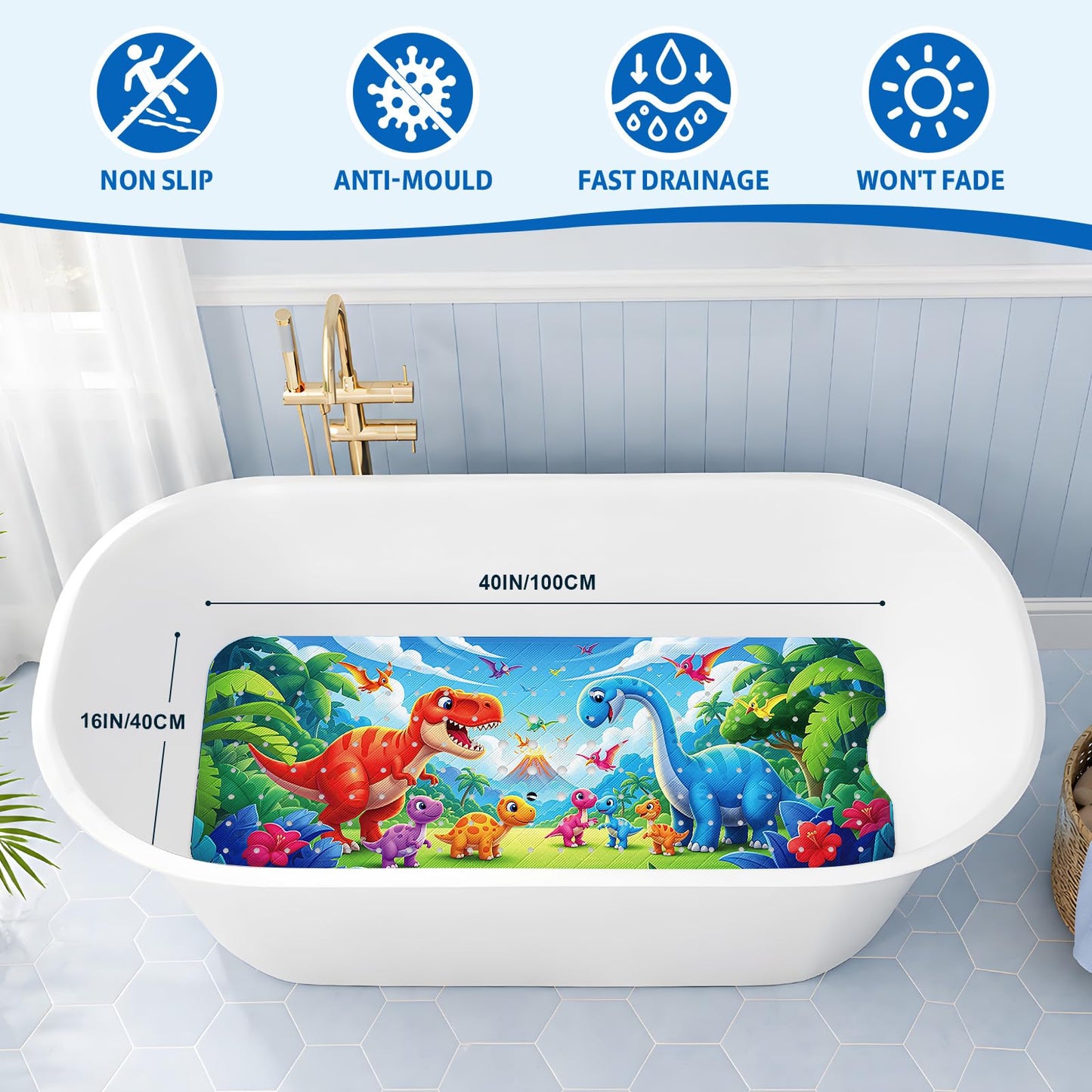 XIYUNTE Baby Bath Mats Non Slip Anti Mould, Cartoon Kids Bath Mat Non Slip, 100x40cm Extra Large Baby Shower Mat Bath Mat with Suction Cups & Drain