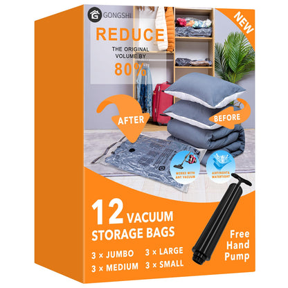 GONGSHI Vacuum Storage Bags 3 x Jumbo, 3 x Large, 3 x Medium, 3 x Small, Space Saver Sealer Compression Bags with Travel Hand Pump