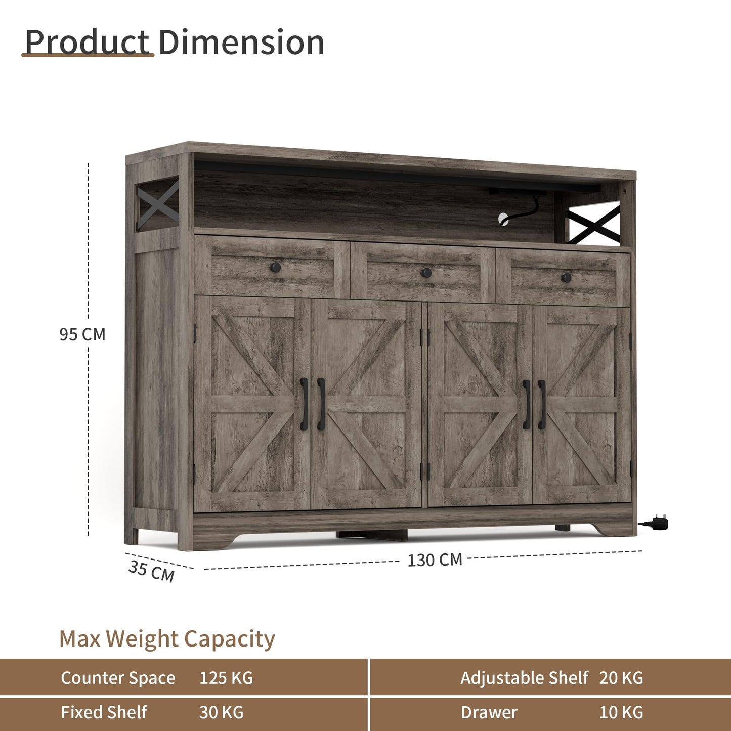 BonVache Sideboards Cabinet with Power Outlets,Wooden Storage Sideboard with Adjustable Shelf,3 Drawers and Open Shelf,Buffet Cupboard for Living
