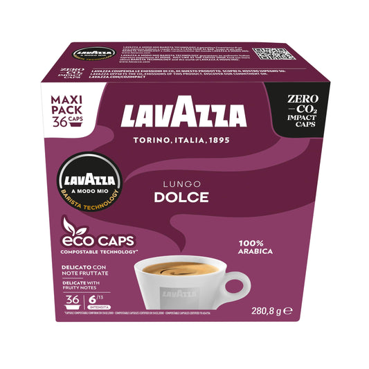 Lavazza A Modo Mio Lungo Dolce, 36 Coffee Capsules, with Aromatic Notes of Dried Fruits, for a Sweet Espresso, 100% Arabica, Intensity 6/13, Medium