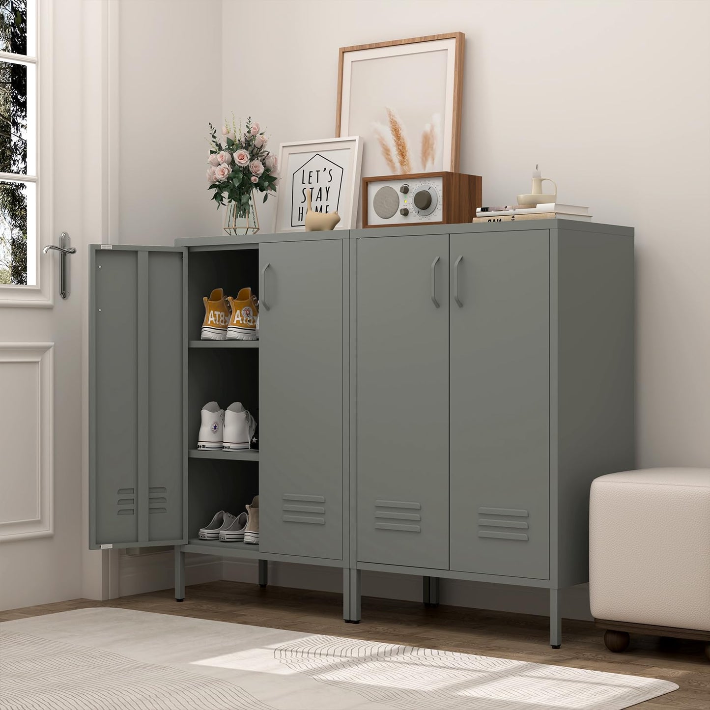 GREATMEET Metal Locker Storage Cabinet, Accent Storage Cabinet, Metal Pantry Cabinet with Doors,Locker Cabinet for Living Room,Kitchen,Office,Grey
