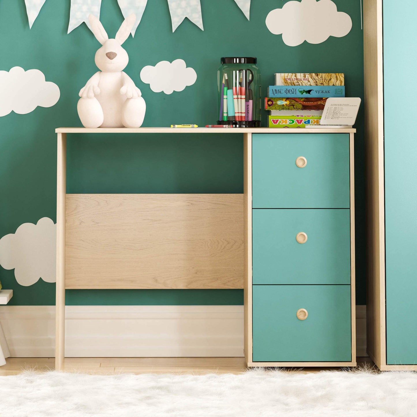 Junior Vida Neptune 3 Drawer Desk Computer Dressing Table PC/Laptop Home Study Workstation Children Kids Furniture (Blue & Oak)