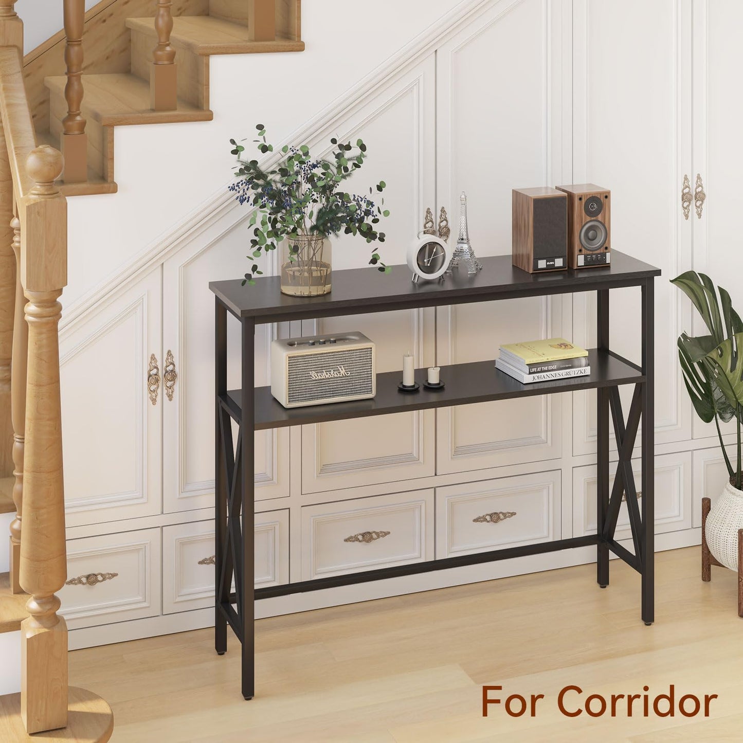 YMYNY Console Table Narrow Sofa Table with Shelves Black HST007B