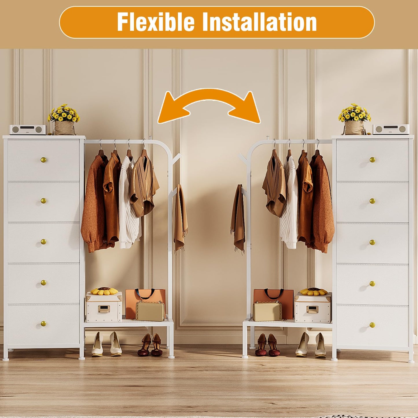 Trironsun Small 5 Fabric Drawer Dresser with Clothes Rack Chest of Drawers with Hanging Rail Reversible Wardrobe with Clothes Rack