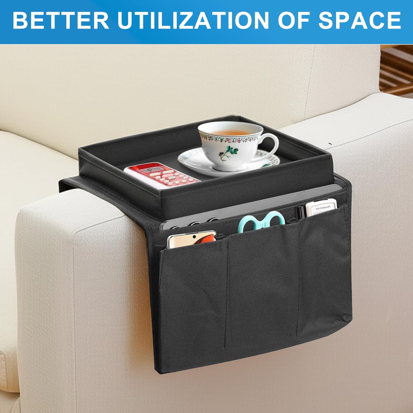 Eulihent Sofa Arm Tray Armchair Tray Organiser Waterproof Non-Slip Sofa Arm Table with 4 Bags for Drinks,Phone,TV Remote Control, Magazine