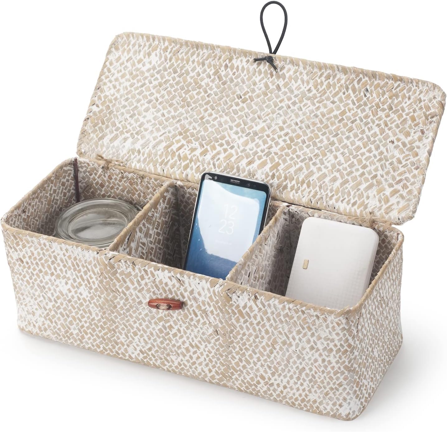Seagrass Bathroom Storage Basket with Lid, Wicker Toilet Tank Basket, Woven Storage Box with 3 Compartments for Organizer (White, 13 x 13 x 11 cm)