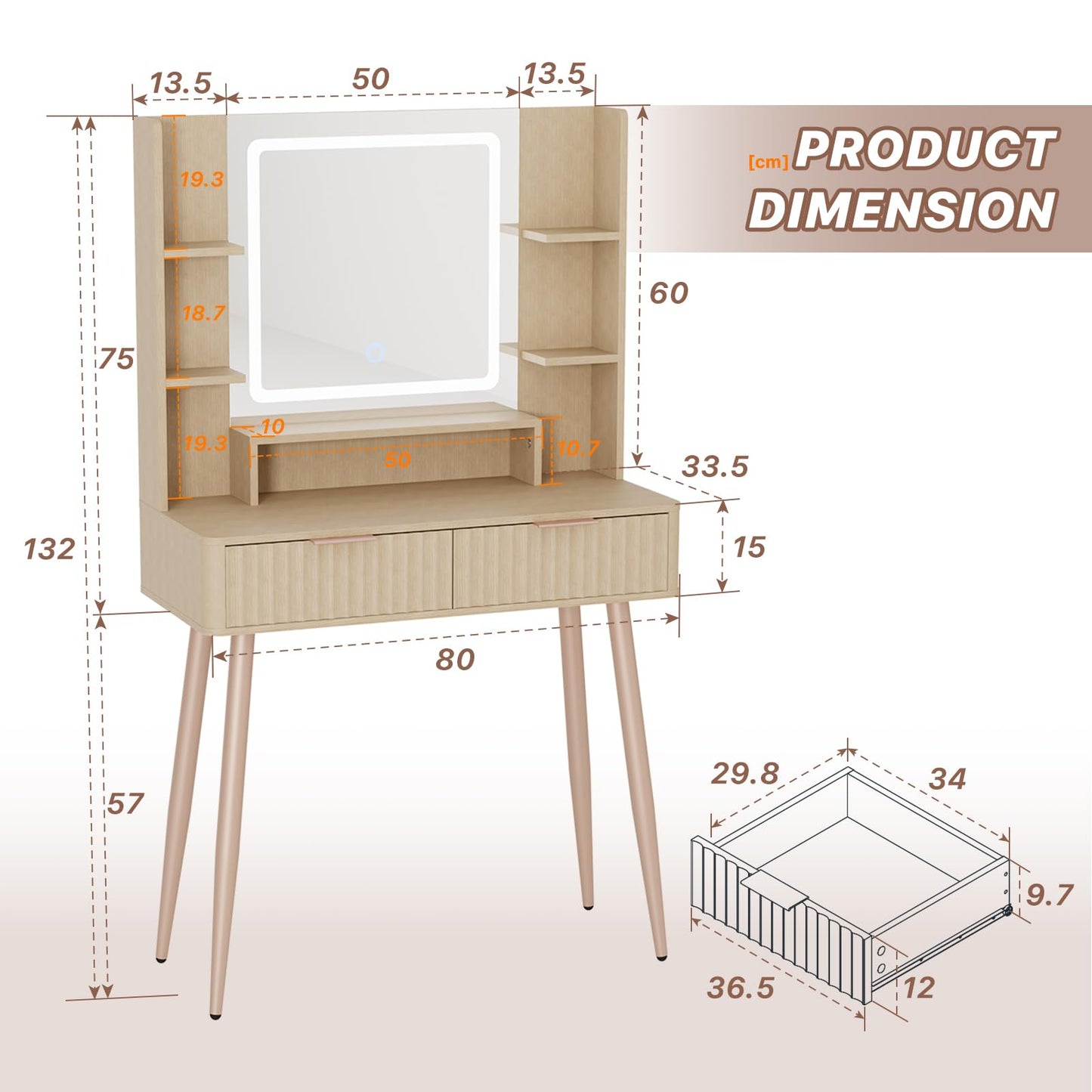 IKALIFE Wooden Dressing Table with Mirror and Lights, Small Vanity Table
