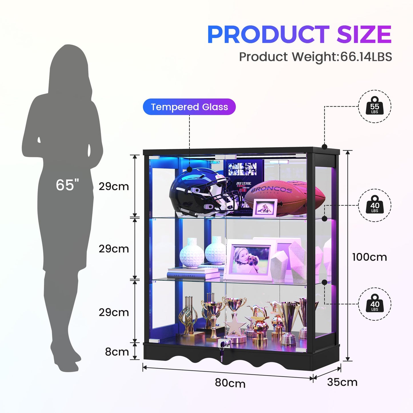 FREDEES RGB Display Cabinet with Glass Doors for Living Room, Black