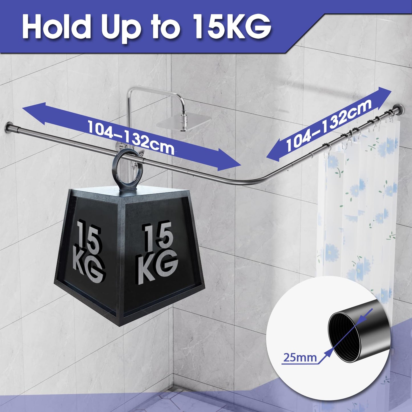 WELDUN L-Shaped Shower Curtain Rod, 104-132cm × 104-132cm Stainless Steel