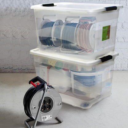 keeeper Cornelia 4 x Storage Boxes with Lid and Sliding Closure, 59.5 x 39.5 x 34 cm, 52 L, Transparent