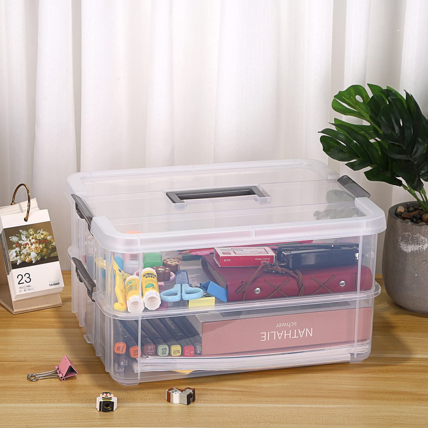 IGNPION 2-Tier Stackable Craft Storage Box Plastic Adjustable Storage Containers with Carry Handle Transparent Containers Organiser for Art & Craft
