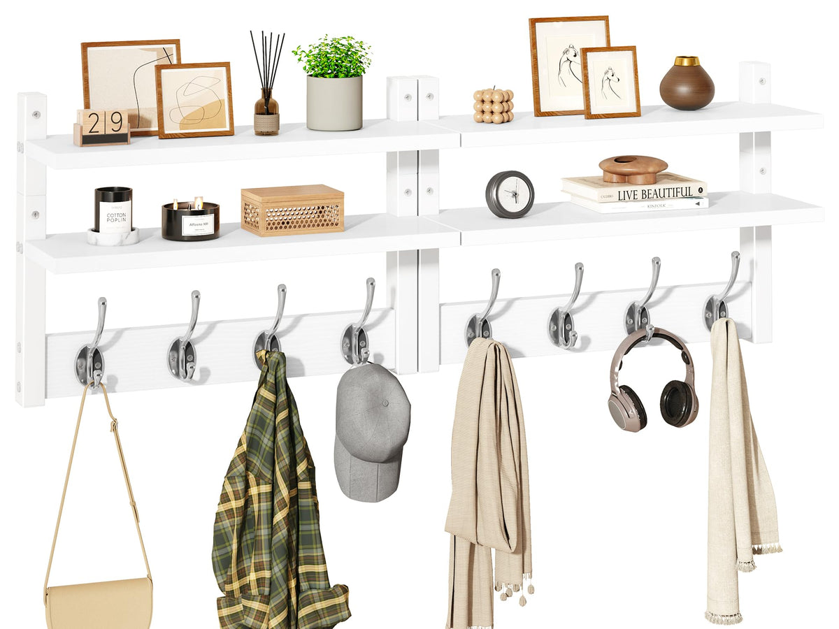 YMYNY 2-Tier Coat Hooks Wall Mounted with Shelf, White HWS009W-2