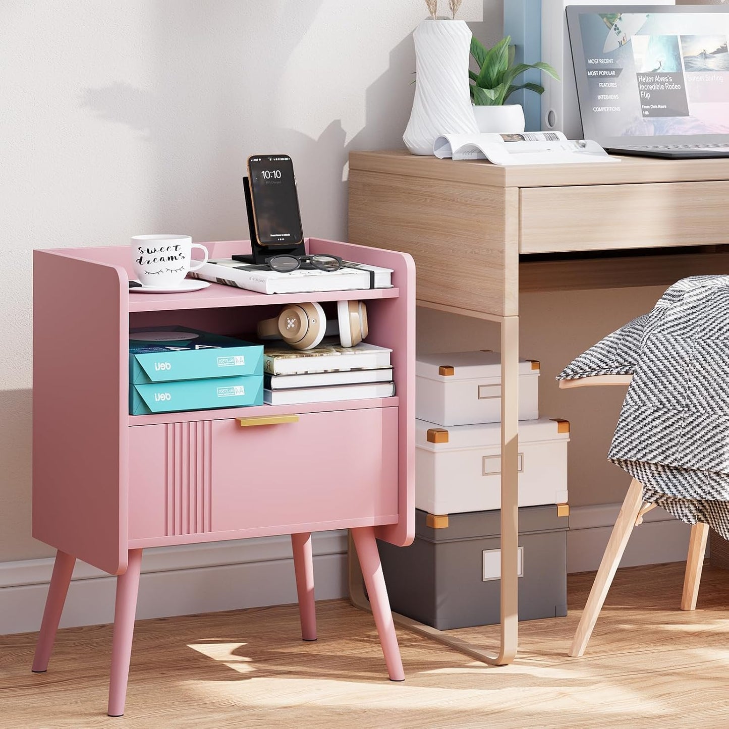 Bedside Table, Nightstand, Bed Side Table with Wood Decorated Drawers