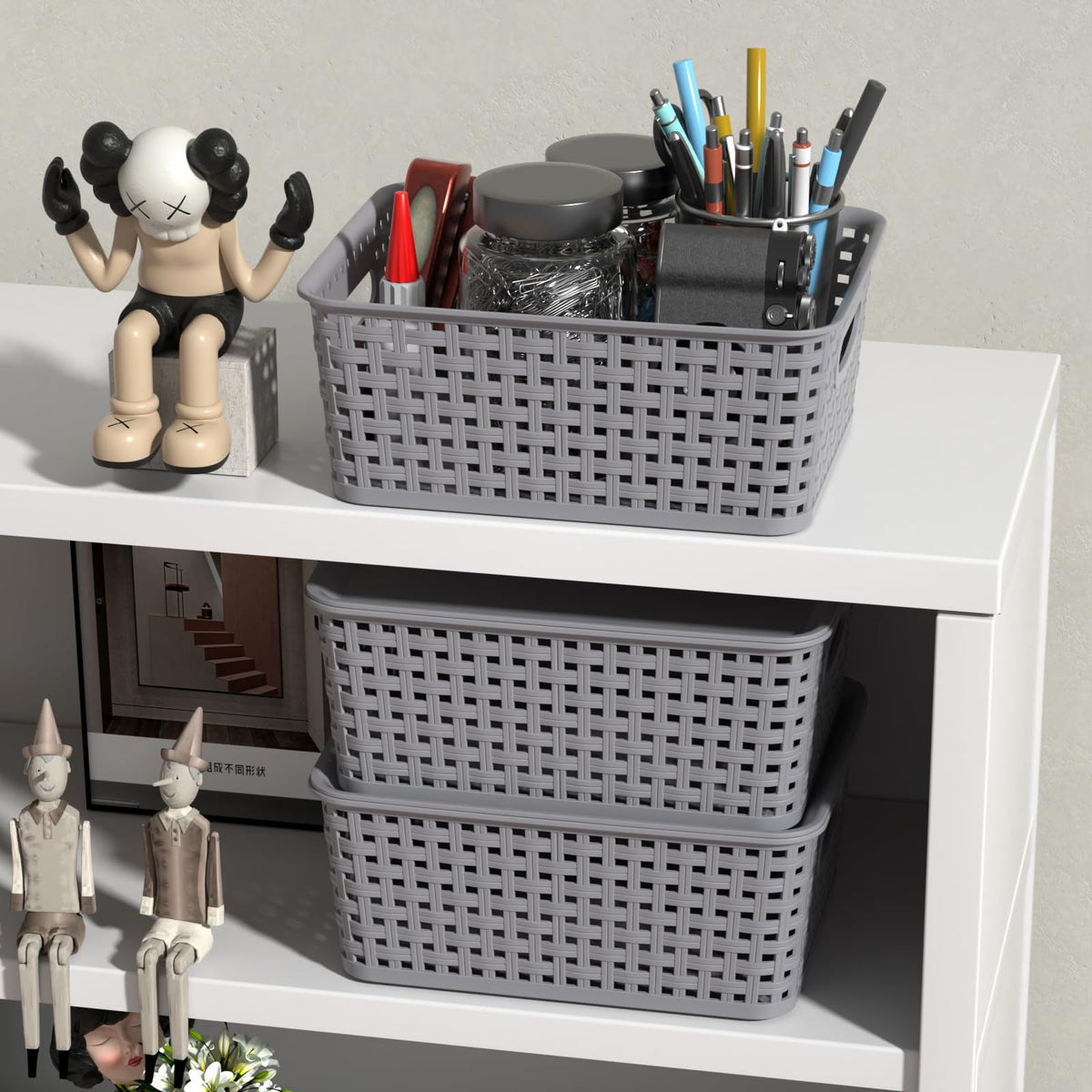 Ysmiltion Plastic Storage Baskets with Lid and Handle, 6 Pack, Light Gray