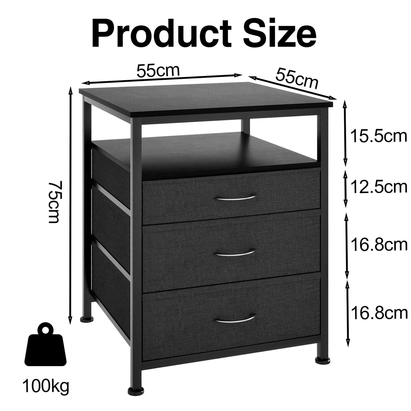 EUNEWR Mini Fridge Stand with Storage, 55 x 55 x 75 cm Mini Fridge Table Heavy Duty with 3 Drawer