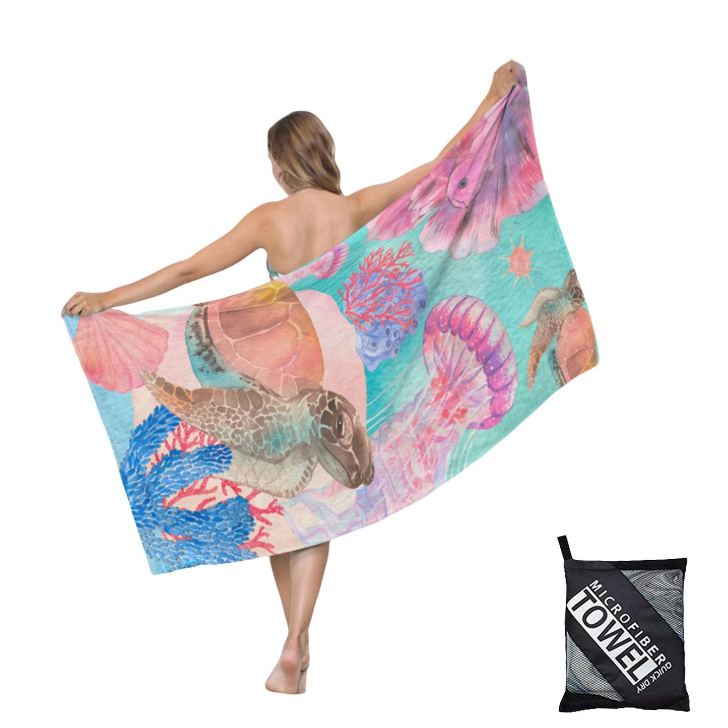 Large Thin Microfibre Beach Towel with Bag for Adult Men Women,160x90cm Pink Turtle Beach Towels Quick Dry Sand Free Lightweight Swim Bath Towel for