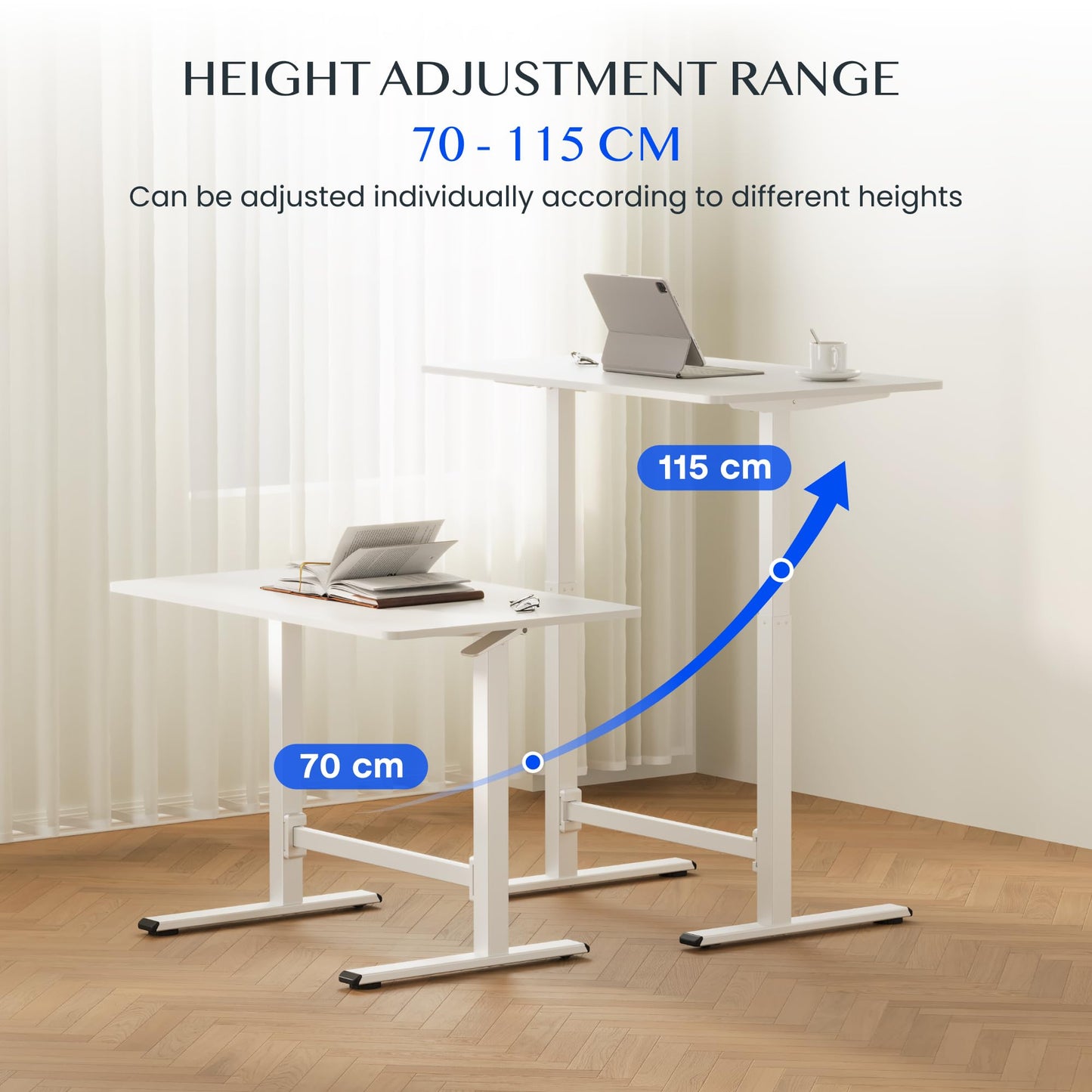 FLEXISPOT No-Electric Pneumatic Standing Desk with Wheels, Height Adjustable Rolling Laptop Table, Mobile Bedside Workstation, 100×60 cm White