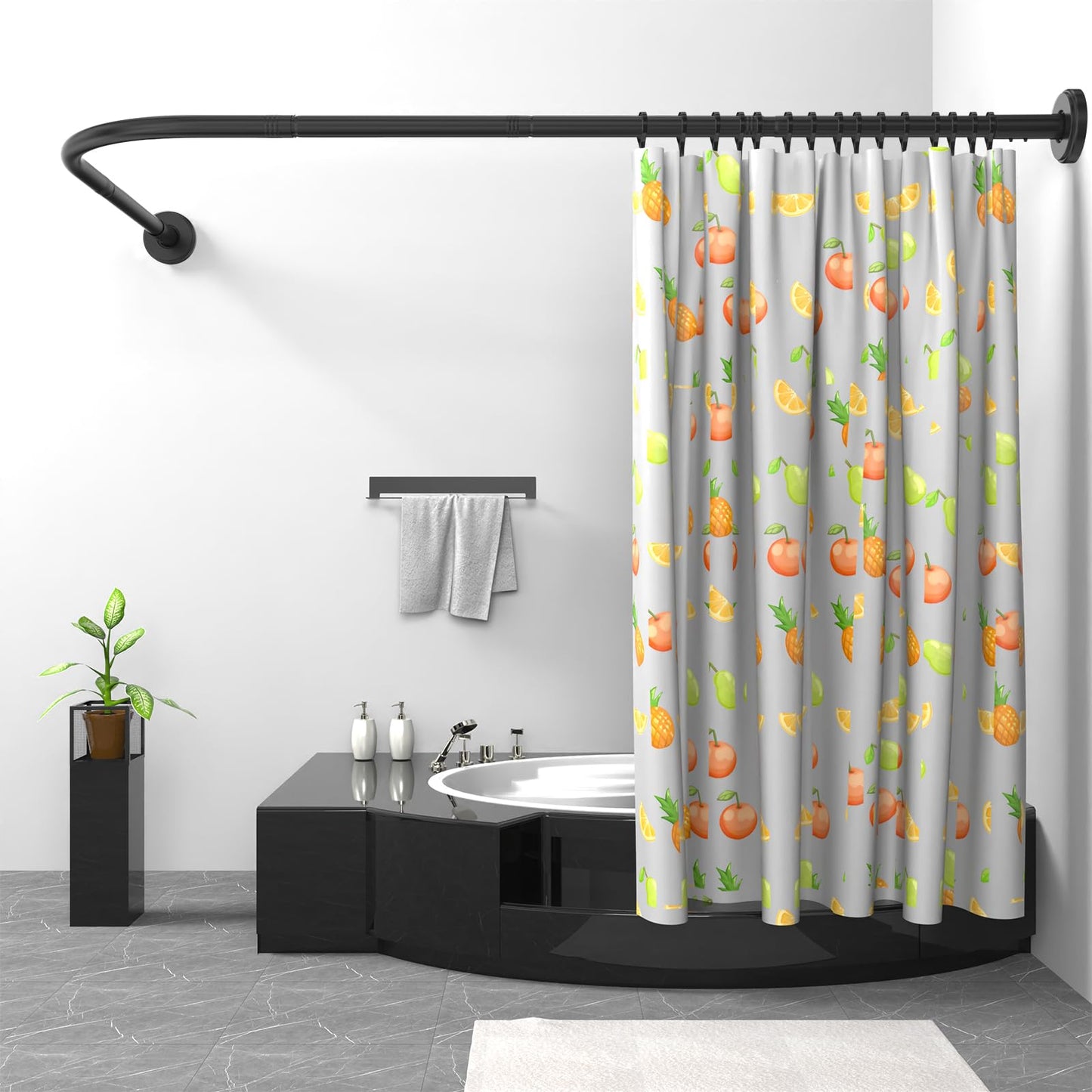 Misounda Shower Curtain Rail Rod L Shape, Adjustable Shower Curtain Rail 122-190 cm, Stainless Steel Curved Shower Rail,Black Shower Pole with