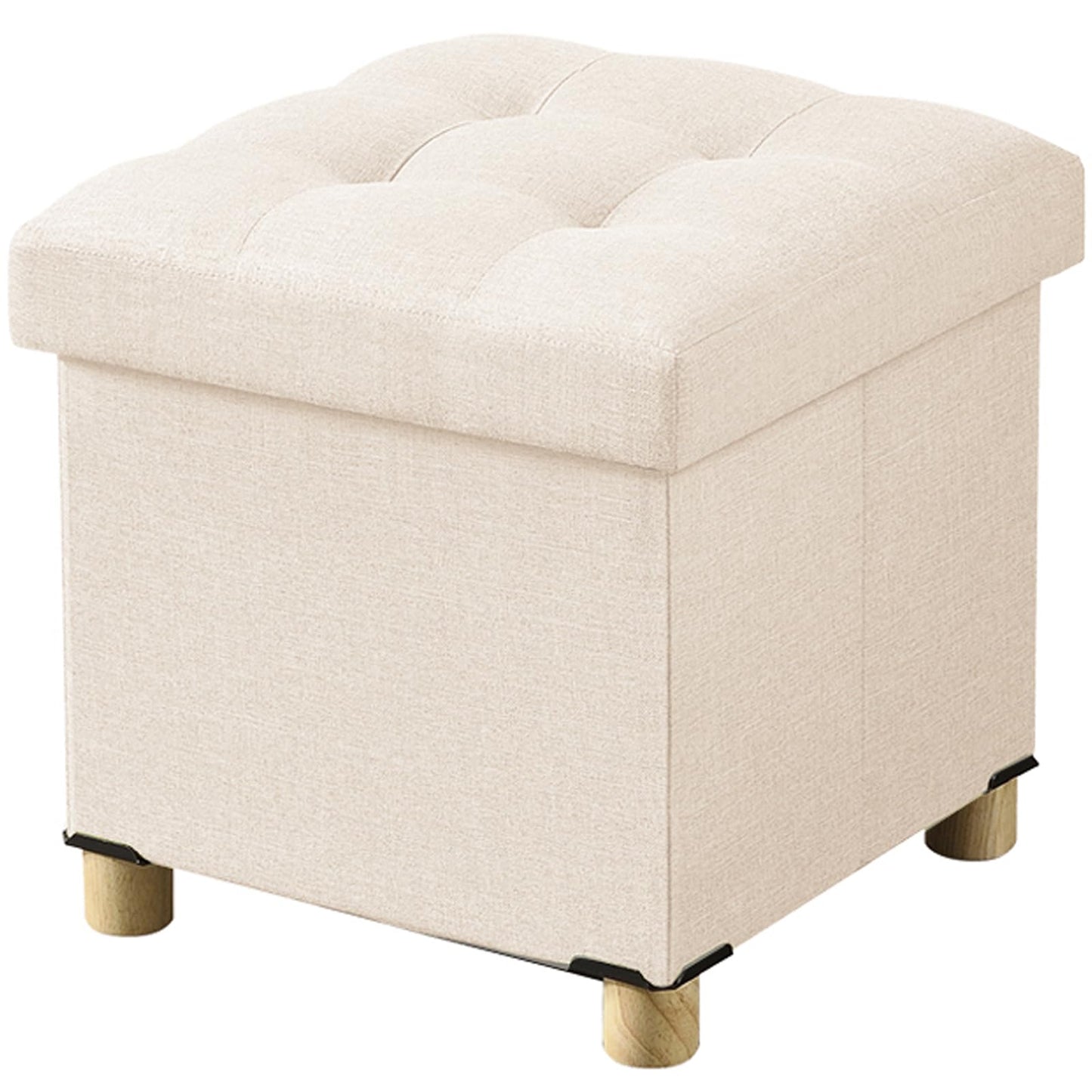 BRIAN & DANY Folding Storage Ottoman with Wood Legs, Linen Foot Stool, Storage Chest with Highly Elastic Sponge Filling, Beige, 38 x 38 x 38 cm