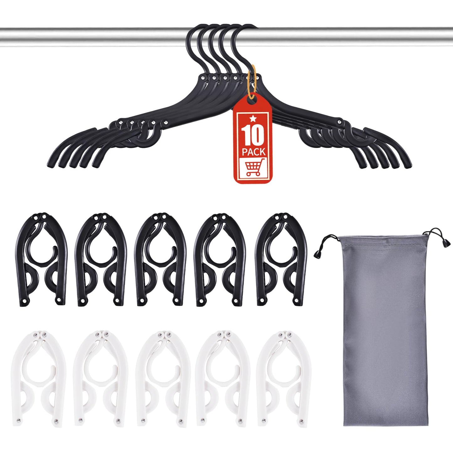 Sazfli 10-Pack Foldable Travel Hangers with Gift Box – Thickened ABS & Aluminum Clips, Non-Slip Design for Delicate Clothes, Compact 5.5x3 Inch