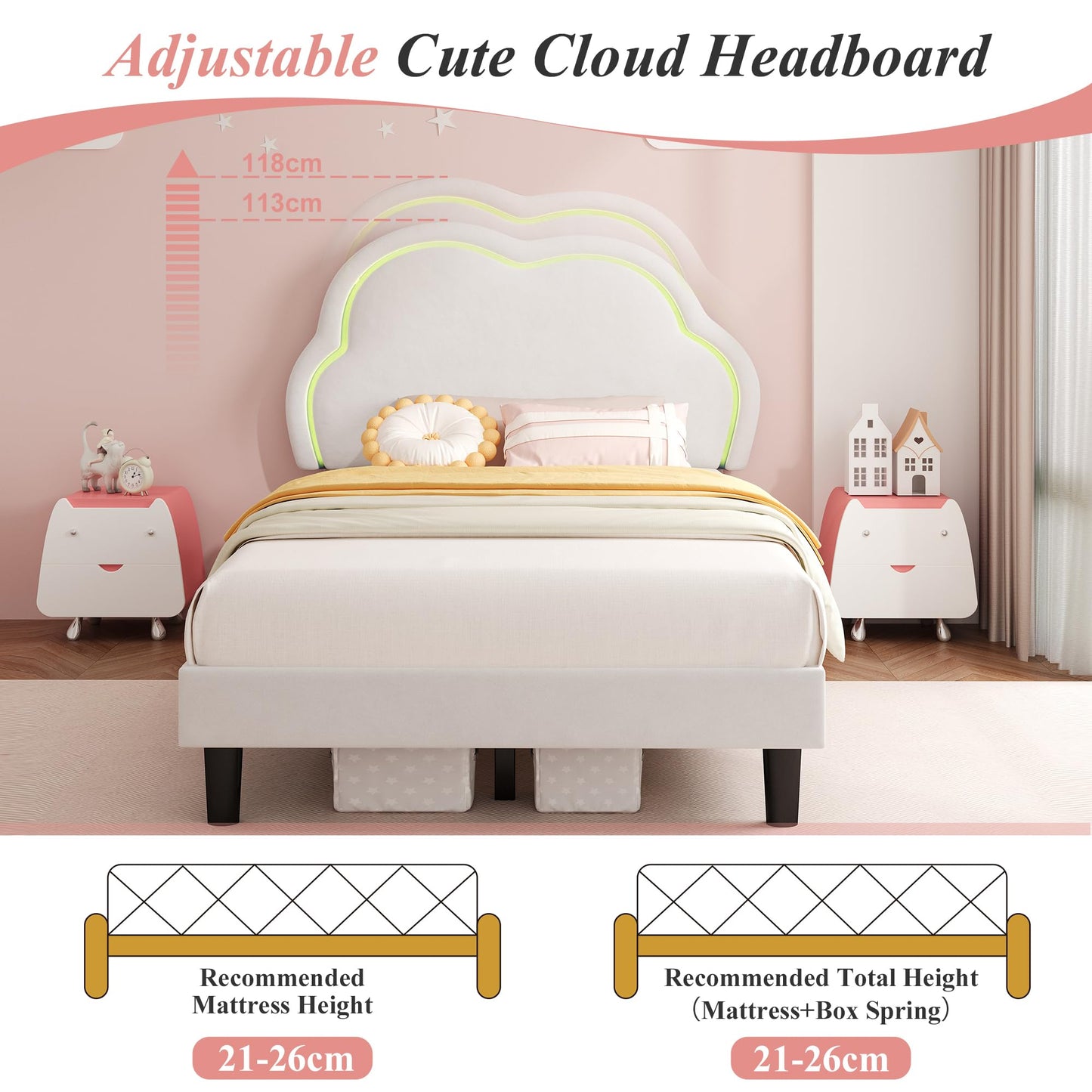 Ball & Cast 3ft Single Upholstered Bed with LED Adjustable Cute Cloud Headboard, Soft Velvet Bed Frame with Solid Wood Slat, No Box Spring Needed