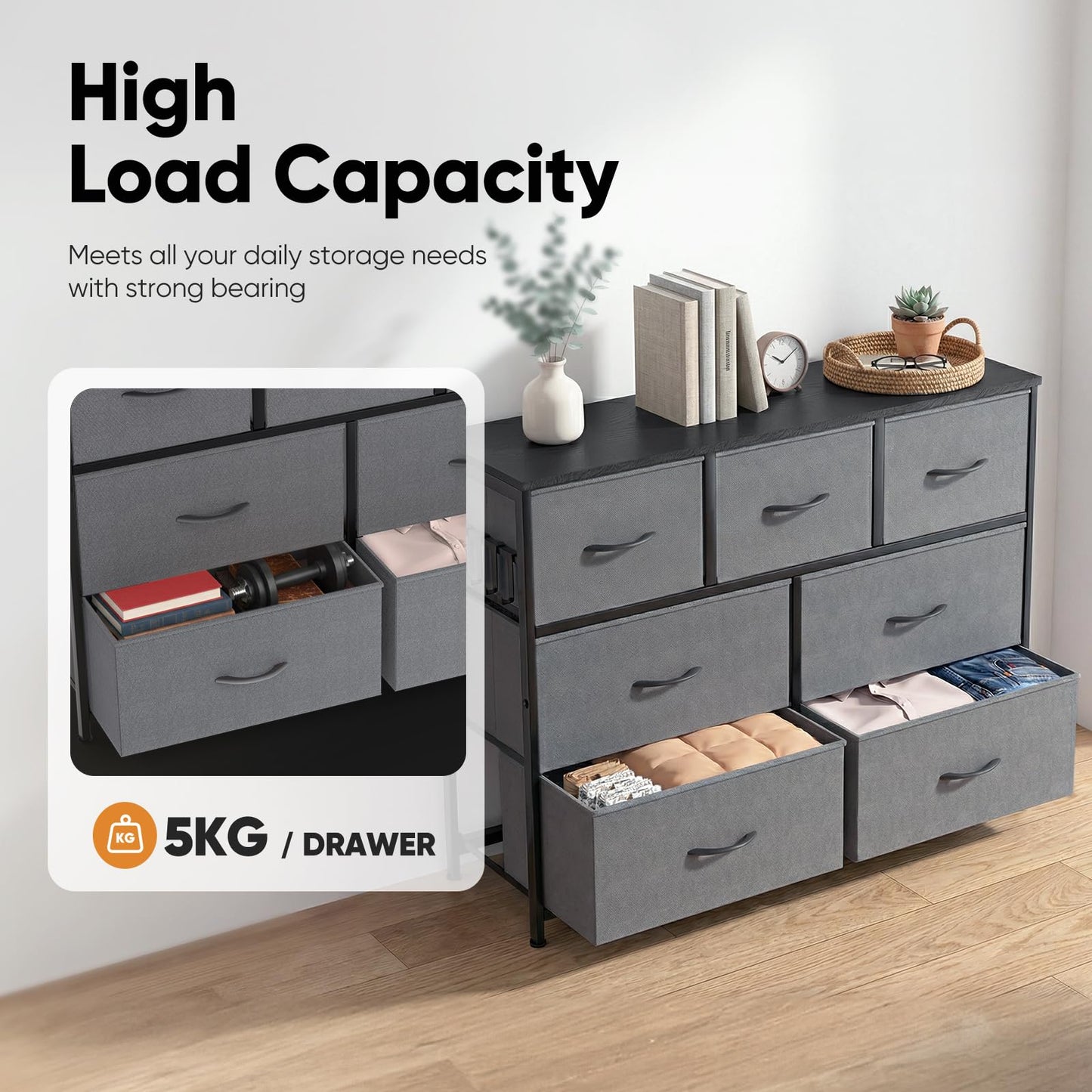 MAXLEAD Fabric Chest of Drawer with 7 Drawers, Home Storage Cabinet with Metal Frame & Wood Top, Large Capacity Dresser for Bedroom, Living Room