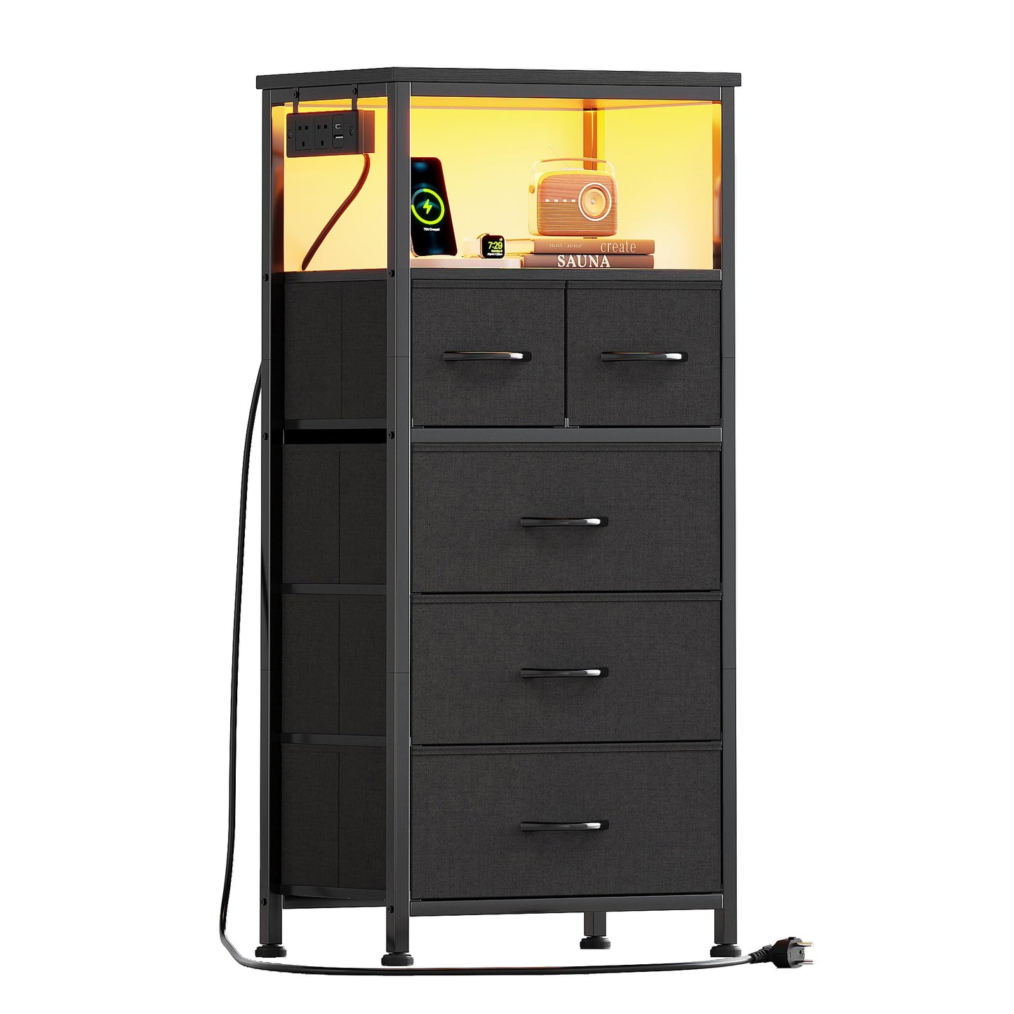 Flrrtenv Chest of Drawers, Bedside Table Cabinet with LED Light and Charging Station, Nightstand with 5 Fabric Drawers