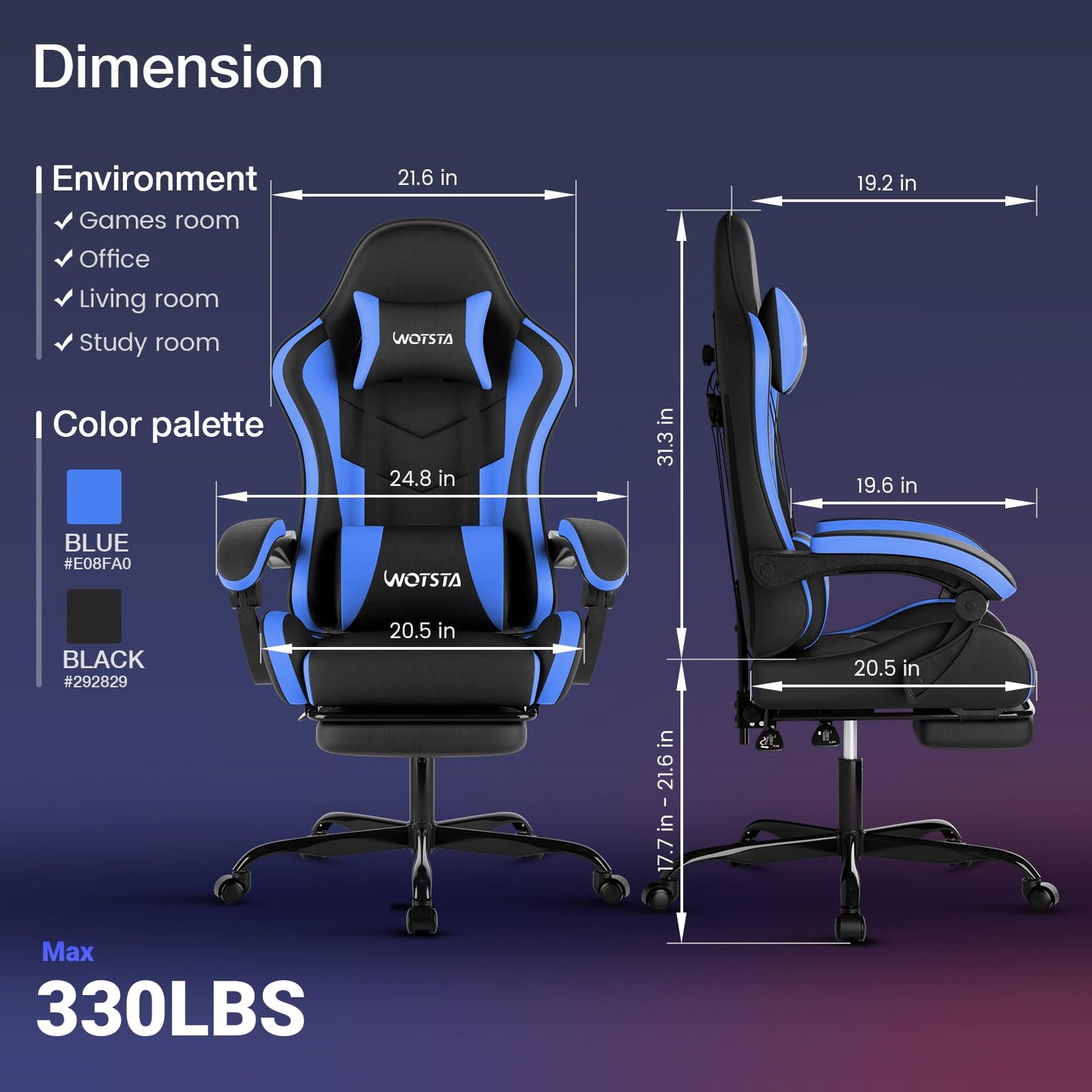 Gaming Chair with Footrest, Ergonomic Gaming Chair, Computer Chair with Lumbar Support, Head Rest