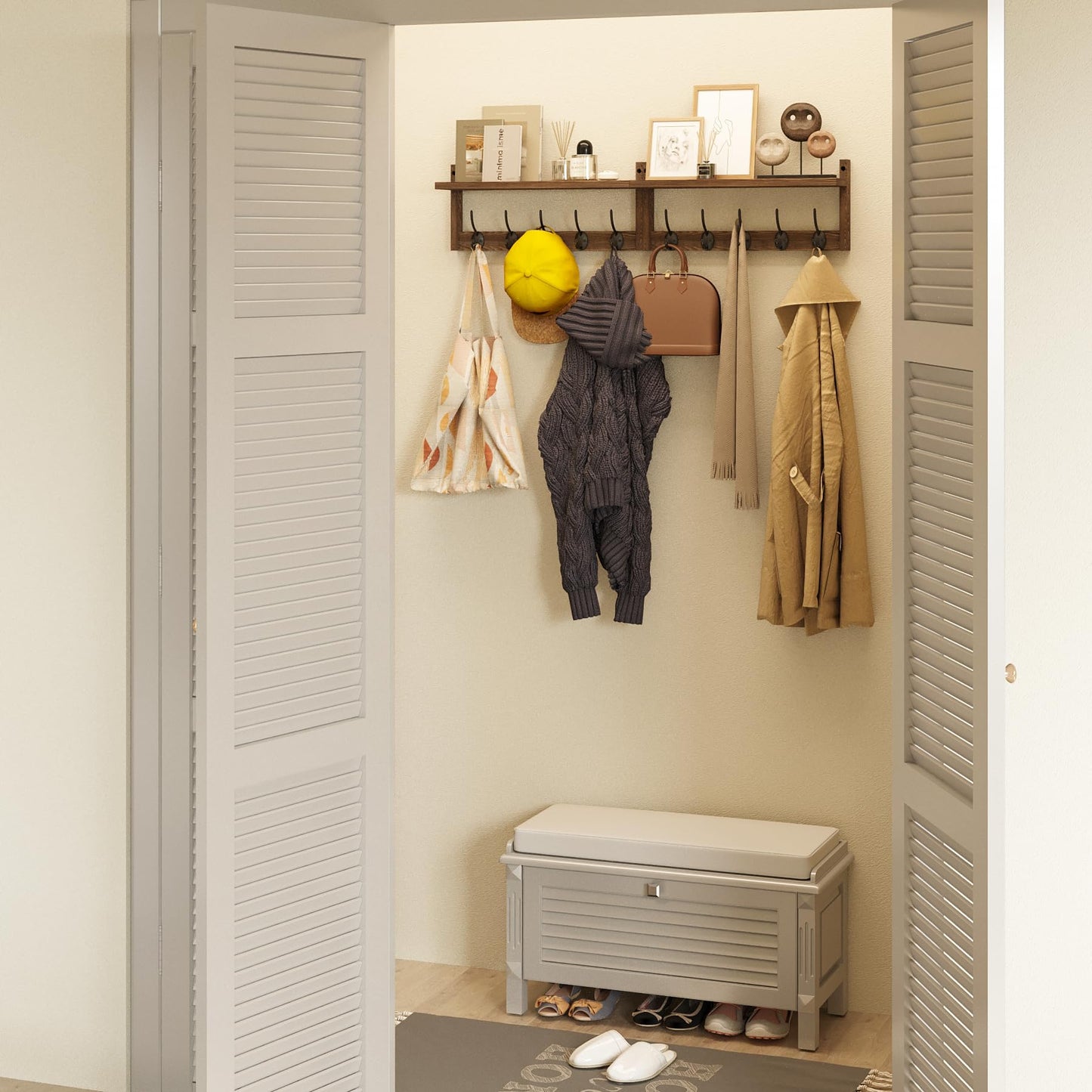 AMBIRD 87cm Wooden Extra-Long Wall Hook Rack with Shelf - Stylish and Versatile Wall-Mounted Storage Solution - 10 Hooks for Hanging Coats, Hats