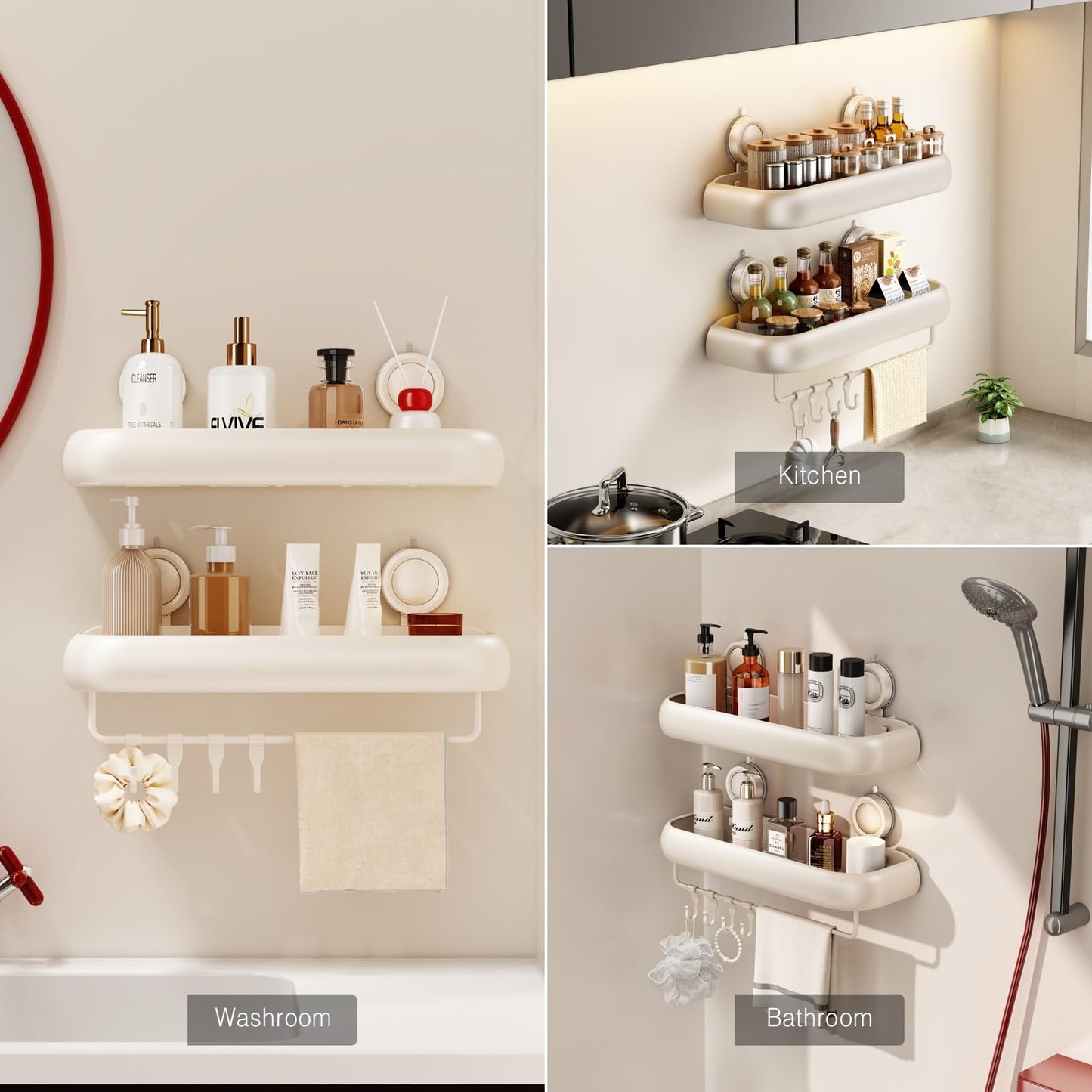 Voldra Shower Caddy Suction Cup, Arc Adhesive Bathroom Shelves Shower Storage Wall Mounted Bathroom Caddy Stick on Shower Organiser Rack With 4