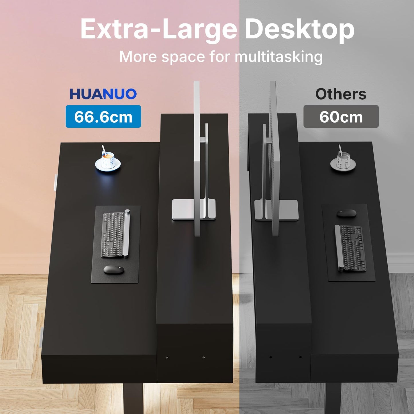 HUANUO 140 x 66cm Standing Desk with Drawers & 64cm Large Keyboard Tray, Electric Standing Desk with 4 Memory Height Settings for Home Office