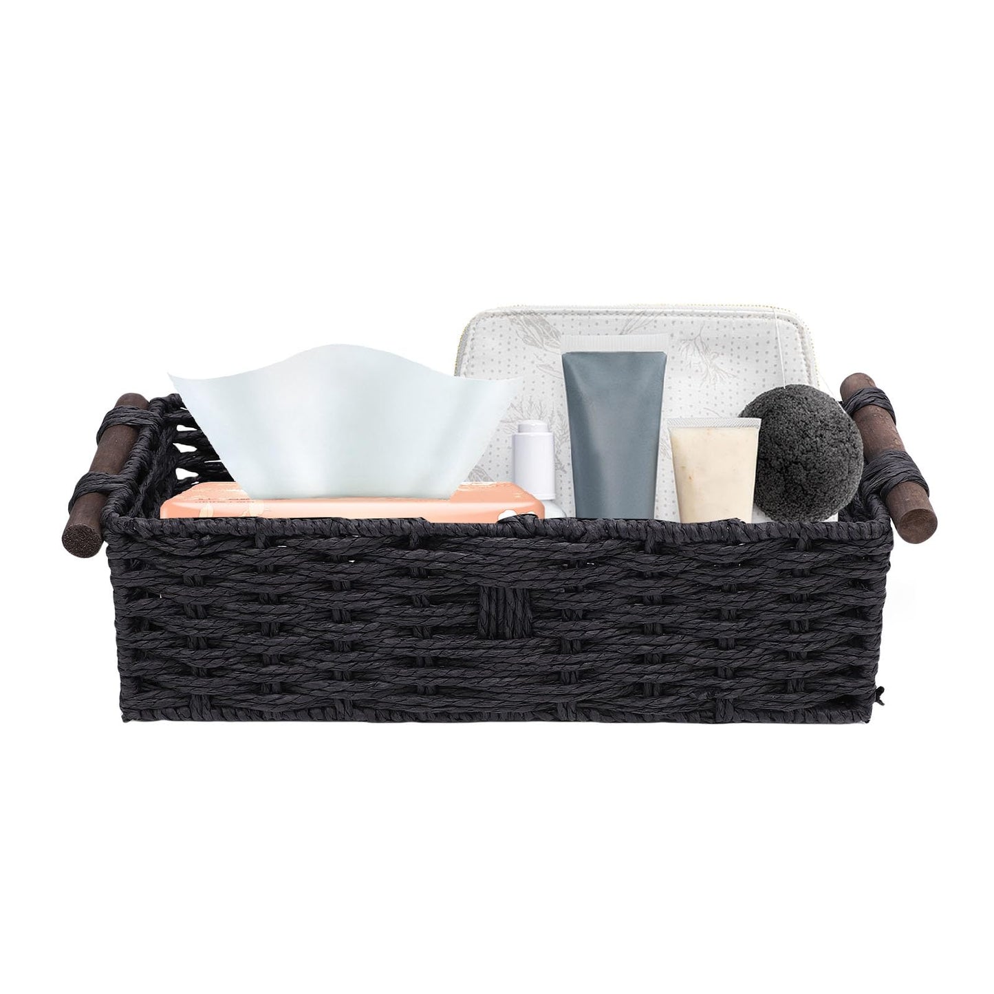 HELEVIA Paper Rope Storage Basket, Handmade Woven Decorative Storage Bin Toilet Tank Topper Paper Basket, for Shelves Countertop (Black)