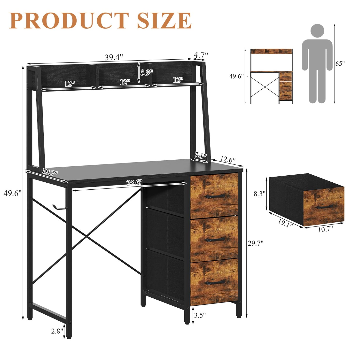 Feonase Industrial-Style Computer Desk with 3-Tier Wall-Mounted Shelf & 3 Fabric Drawers – MDF Desktop for Home Office, Study & Organization, Balck