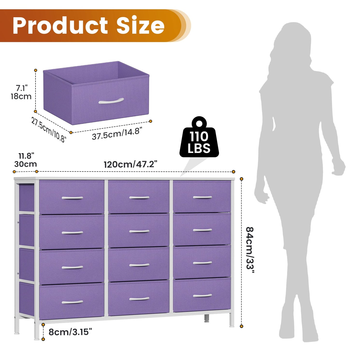 GoaHi Chest of Drawers with 12 Drawers,Bedroom Drawers, Fabric Dresser with Wood Top,Drawer Storage Unit for Bedroom, Living room,Purple