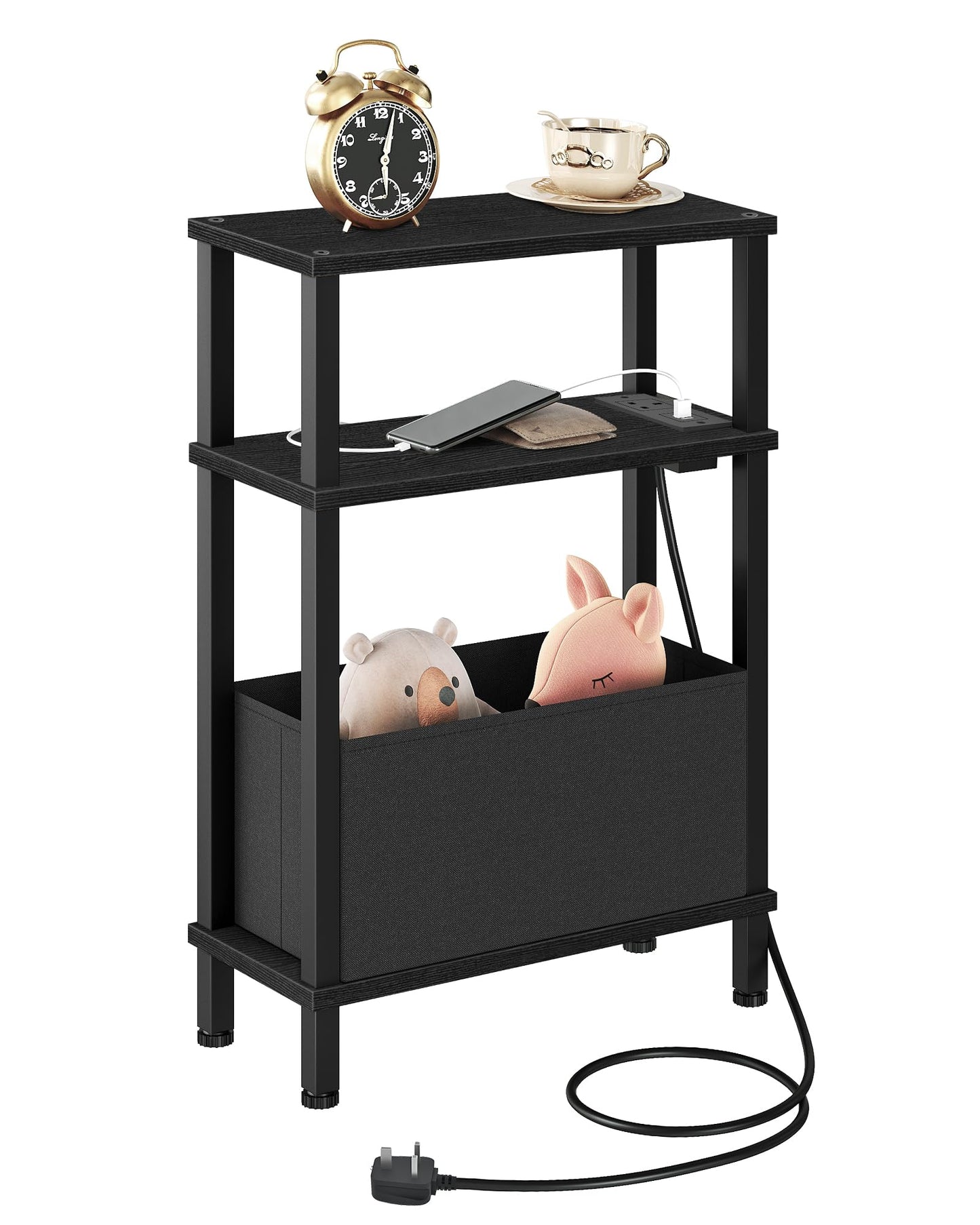 CHOEZON Slim Side Table with Charging Station, 3-Tier Narrow Side Table with Drawer, Skinny Bedside Table, End Table for Small Spaces, for Bedroom