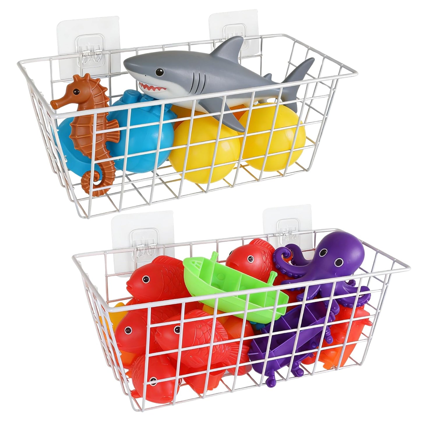 YEXEXINM 2 Pack Metal Storage Organizer, Hanging Mesh Shower Caddy with Adhesive Hooks for Bathtub, Large Bath Toy Holder for Storing Bath Toy