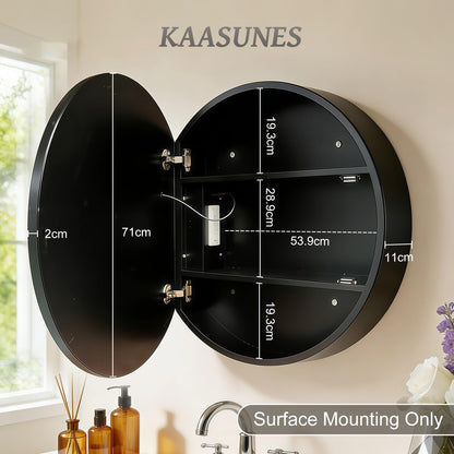 KAASUNES Round Mirror Cabinet with Light,Aluminum Framed,3 Colors Temperature&Dimmer,USB Shaver Socket,Defogger,71cm,white