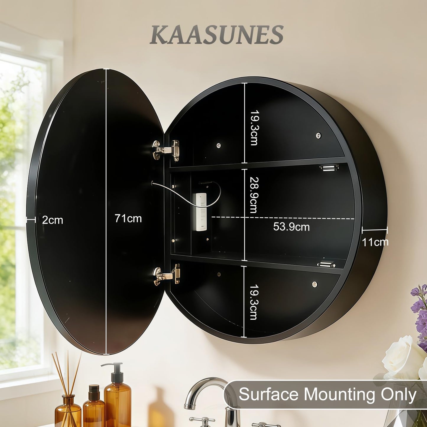 KAASUNES Round Mirror Cabinet with Light,Aluminum Framed,3 Colors Temperature&Dimmer,USB Shaver Socket,Defogger,71cm,black