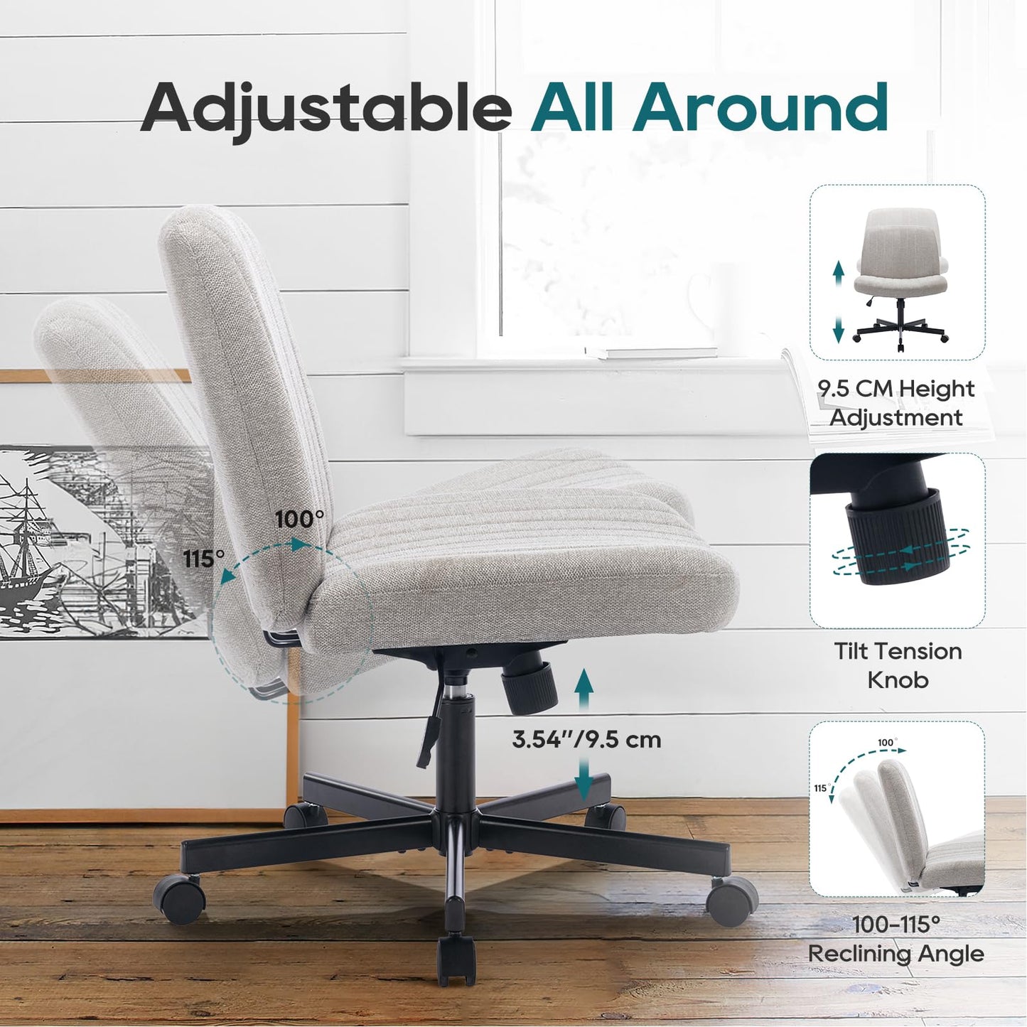 COLAMY Wide Office Chair, Padded Armless Task Vanity Chair Swivel Home Office Desk Chair 115°Rocking Mid Back Ergonomic Computer Chair for Home