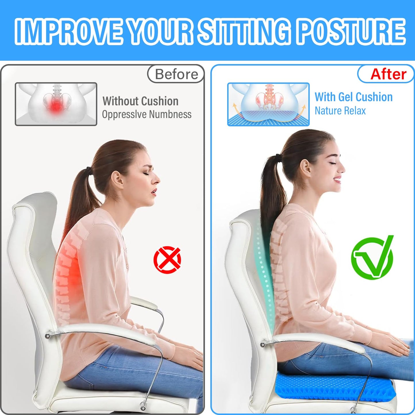 Gel Seat Cushion,Soft Sitter Honeycomb Ergonomic Cushion Cool Gel Cushion Large Double Thick Gel Cushion with Cloth Cover Pressure Pain Relief