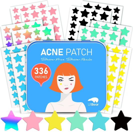 LitBear Acne Pimple Patch, 6 Colors 336 Dots Star Pimple Patches with Case, Tea Tree Oil & Centella Oil, Hydrocolloid Acne Pimple Patches for Face