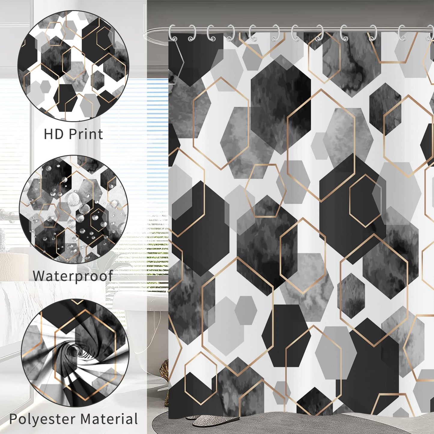 Hnmdmyi Black Shower Curtain 180x200, Modern Geometric Hexagon Abstract Art Bathroom Curtains Waterproof Polyester Fabric Washable Bath Curtains with