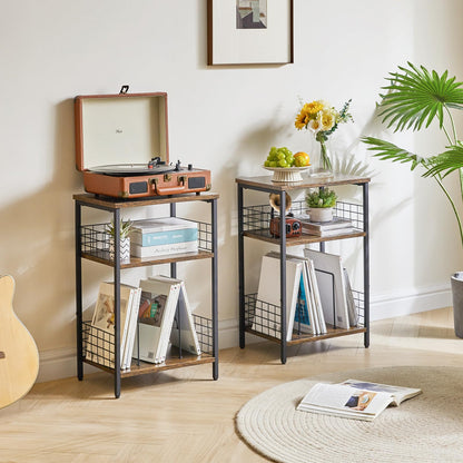 YMYNY 3 Tier End Table, Record Player Stand with Storage, Industrial Tall Side Table, Small Bookshelf, Bookcase, Display Rack, Telephone Table for