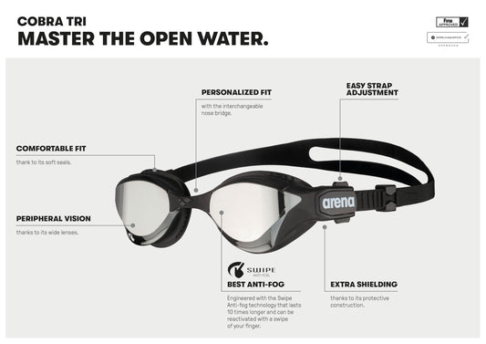 arena Cobra Tri Swipe Mirror Unisex Adult Triathlon Goggles, Swimming Pool Goggles with Mirror Lenses, Anti-Fog, UV Protection, 3 Interchangeable Nose