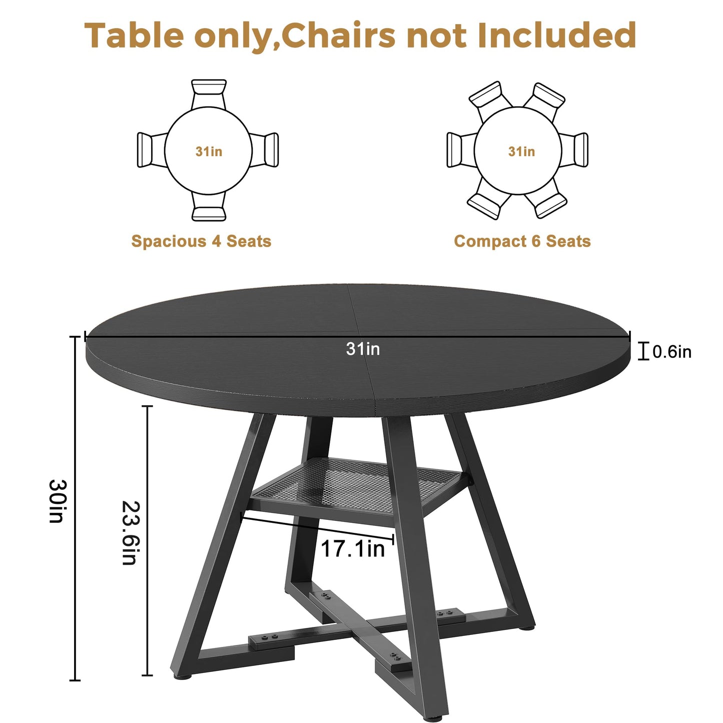 Jocoevol Round Dining Table for 2 People, Circle Dinner Table with Shelves, Space Saving Wood Kitchen & Dining Room Furniture (Black, 31 inch