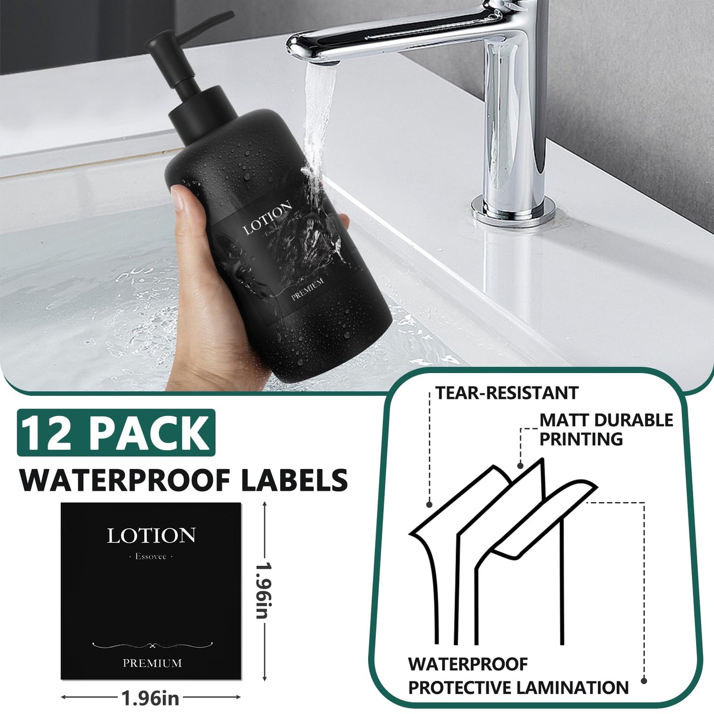 Essovee Matte Black Soap Dispenser Set with Waterproof Labels, Bathroom Soap Dispenser, Dishwashing Liquid Dispenser