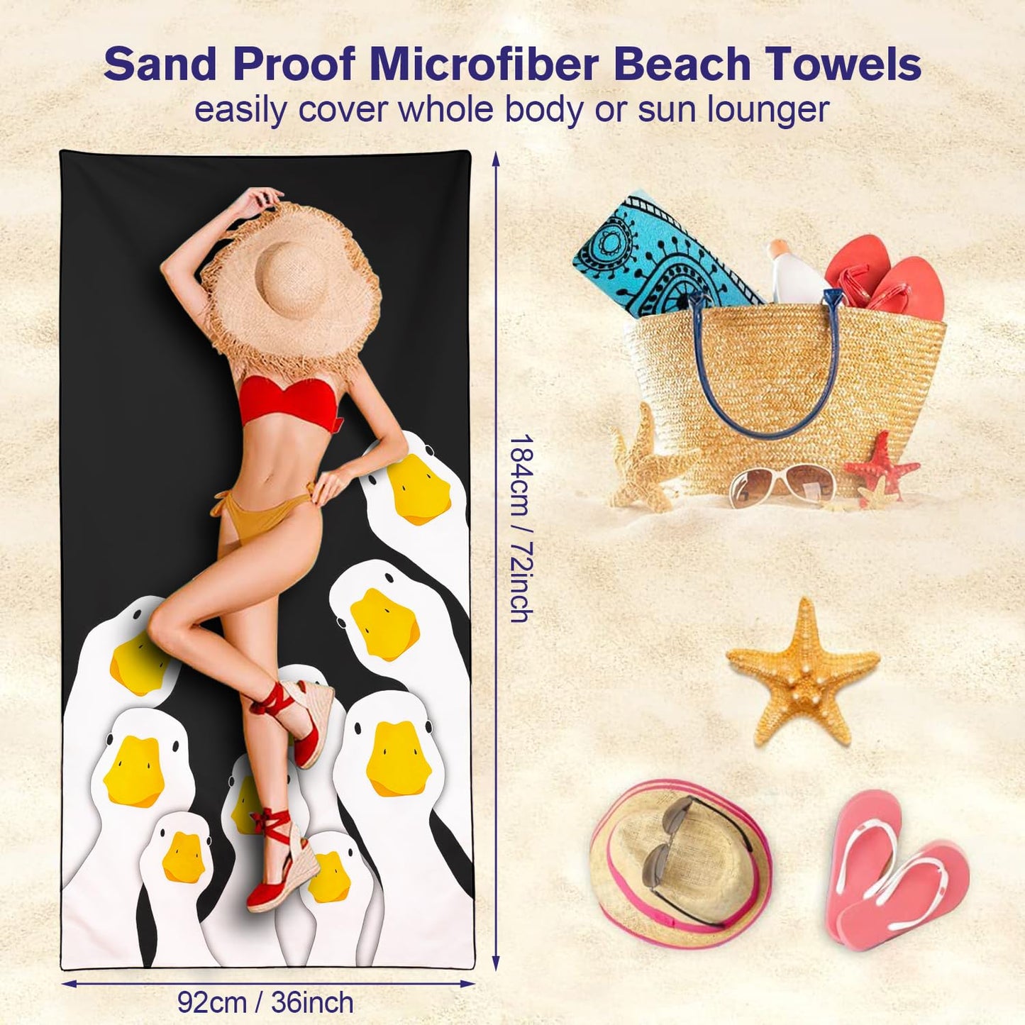 Violetpos Cute Duck Group Beach Towel, Extra Large 180x90 cm 250GSM Microfibre, Sand Free Quick Dry