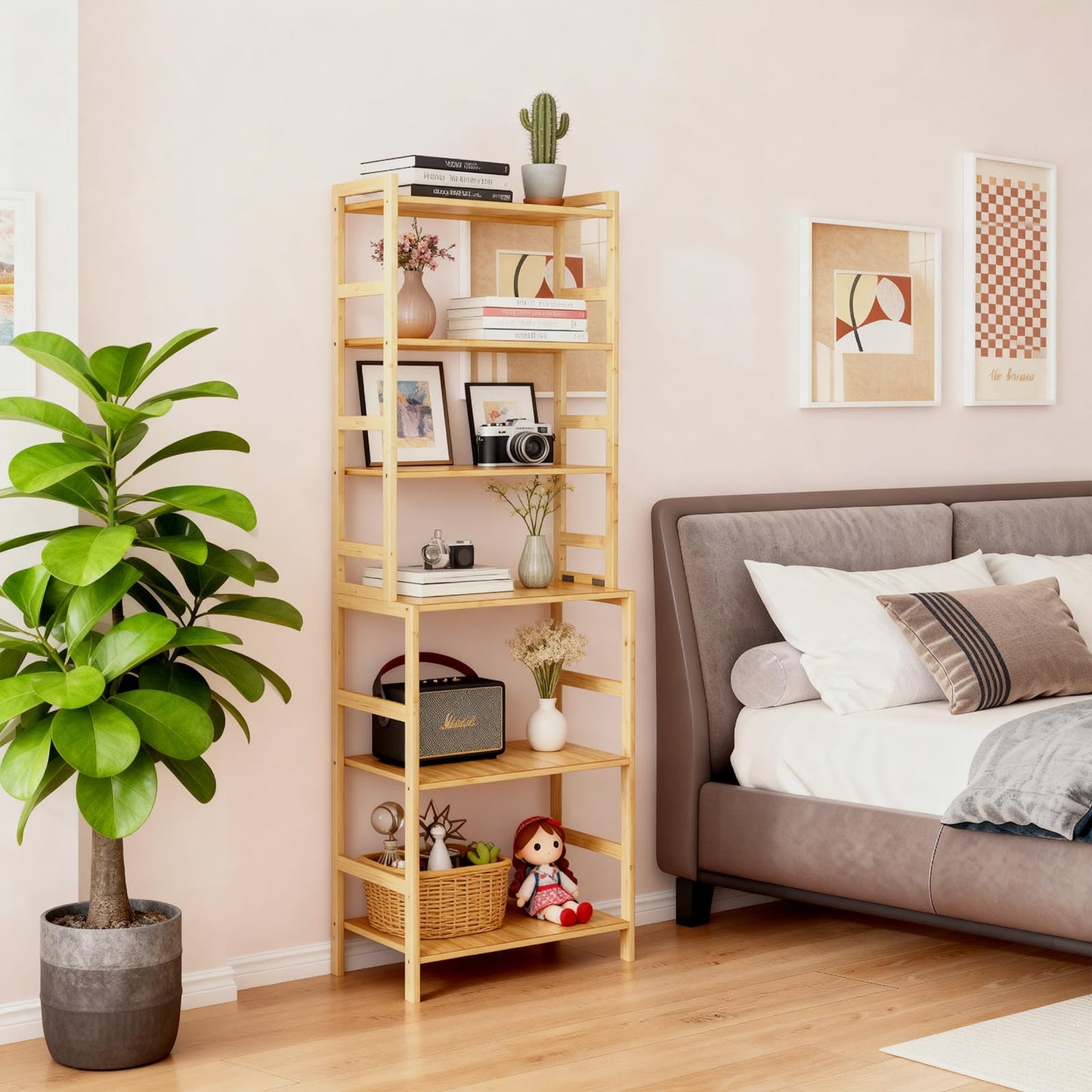 EIUTQRU Bamboo Living Room Bookcases, 6 Tier Standing Ladder Shelf Bookshelf, Multifunctional Narrow Shelving Unit Storage Rack for Garage, kitchen