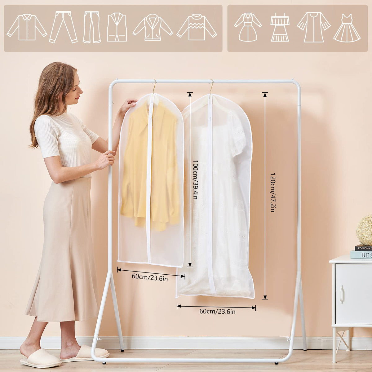GoMaihe Clothes Cover Bags Set of 12, 60 x 120cm/6pcs + 60 x 100cm/6pcs Dress Garment Bag with Zip in Wardrobes