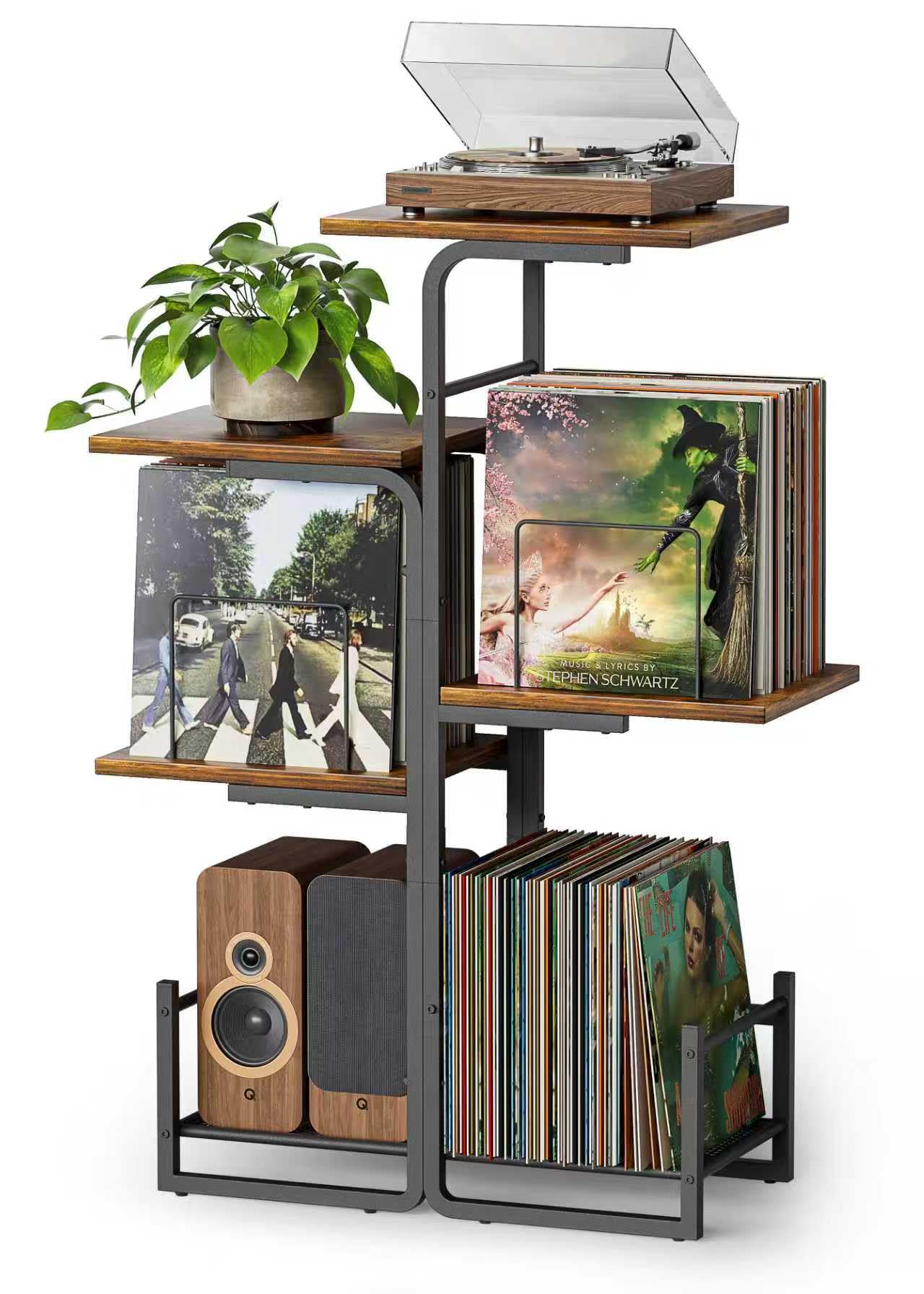 Bikoney Planter Record Player Stand with LP Vinyl Display Shelf